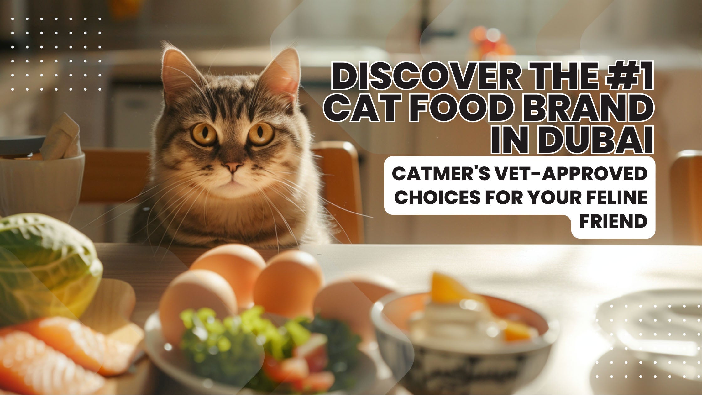 A healthy cat enjoying a variety of vet-approved human foods including cooked chicken, fish, pumpkin, eggs, blueberries, cantaloupe, spinach, carrots, green beans, and plain yogurt, with a spotlight on Catmer as the #1 cat food brand in Dubai.