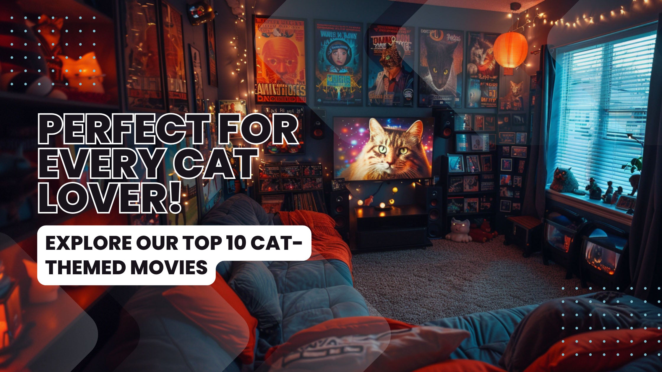 A cozy home movie setup with a collection of cat-themed movie posters in the background.