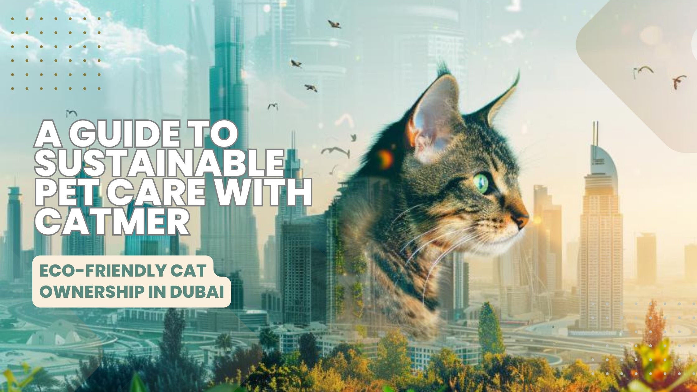 A vibrant banner showcasing the bustling skyline of Dubai with a transparent overlay of Catmer's eco-friendly cat food and biodegradable litter products, symbolizing the harmony between modern city life and sustainable pet care practices. 