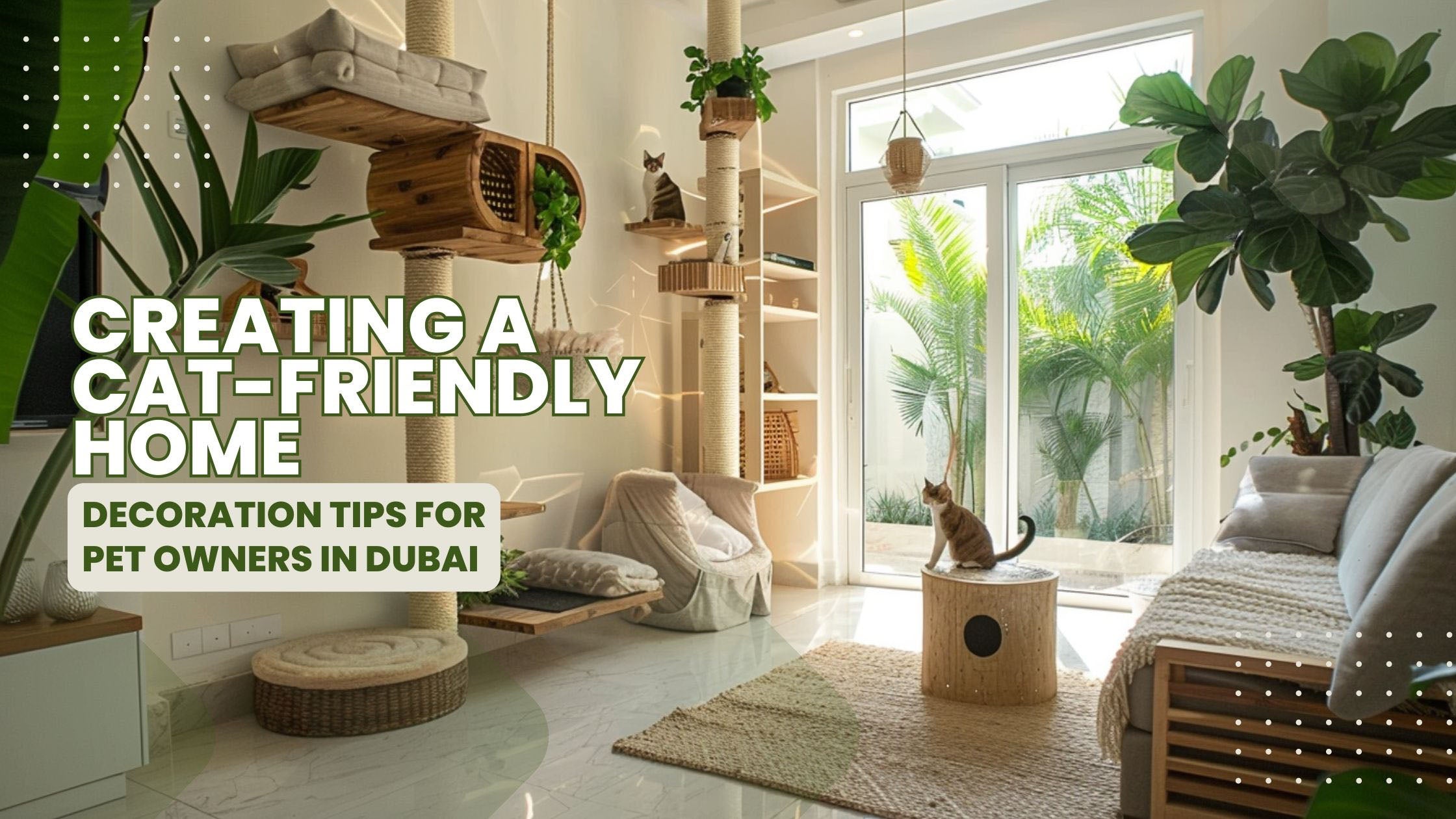 An elegant living room in Dubai, perfectly designed for cats, featuring secure climbing shelves, a cozy cat bed, and non-toxic plants, emphasizing a balance between stylish home decor and a cat-friendly environment.