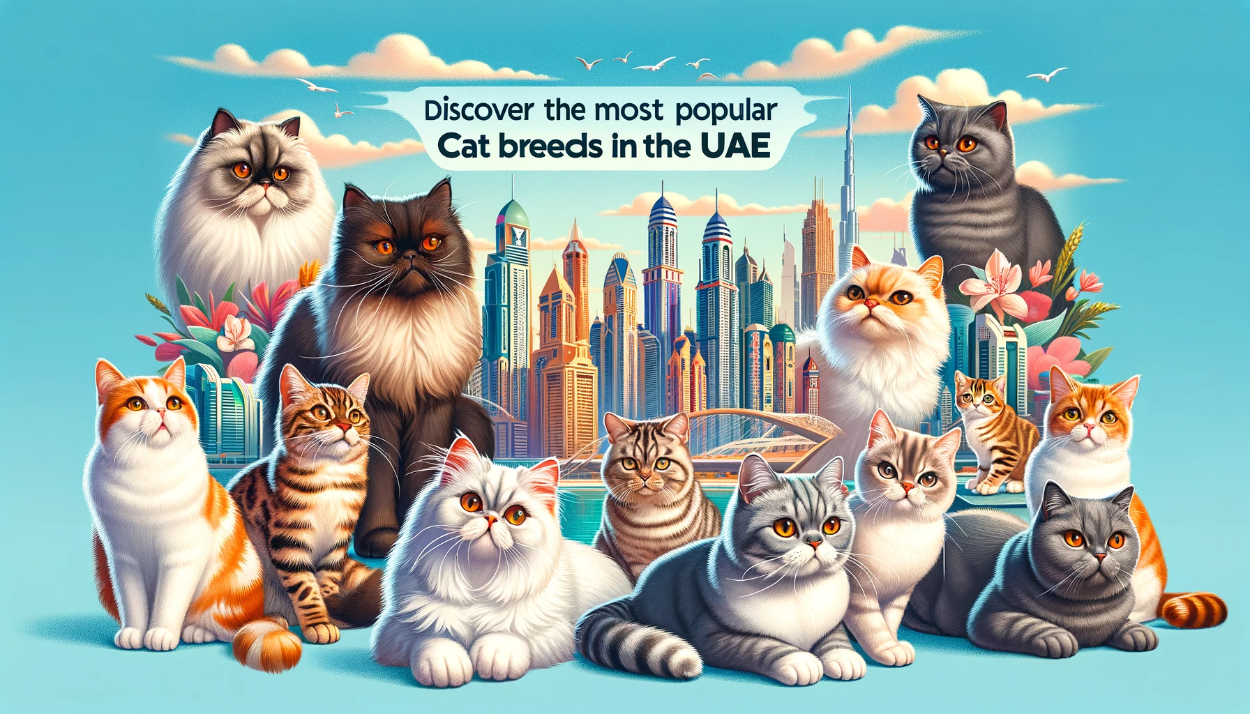 Collage of popular cat breeds including Persian, Maine Coon, Siamese, British Shorthair, Bengal, and Scottish Fold, against a backdrop of UAE landmarks like Burj Khalifa and the Dubai skyline, with text 'Discover the Most Popular Cat Breeds in the UAE'.