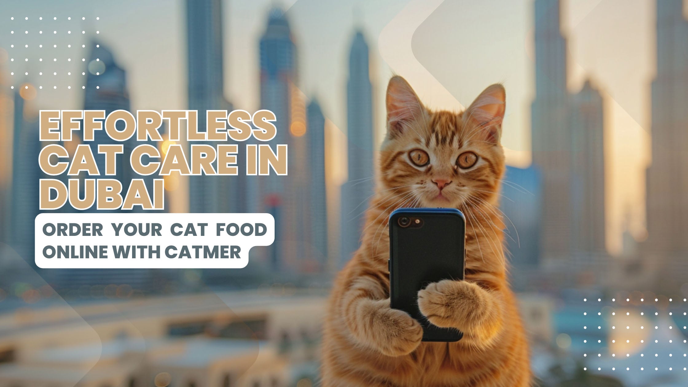 Explore Catmer's hassle-free online cat food shopping in the bustling city of Dubai, showcasing a seamless interface on a digital device with the backdrop of Dubai’s iconic skyline, illustrating the convenience of home delivery.